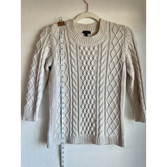 Talbots Petites Ivory Cotton Blend Mixed Cable Knit Crew Neck 3/4 Sleeve Sweater - Picture 6 of 8